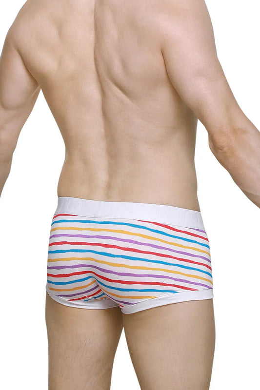 Men's boxer brief in white with colorful candy stripes featuring a comfortable waistband shown from the back by PetitQ