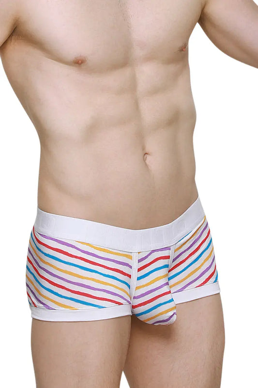 Men's boxer briefs in white with colorful candy stripes featuring a snug fit and soft fabric by PetitQ