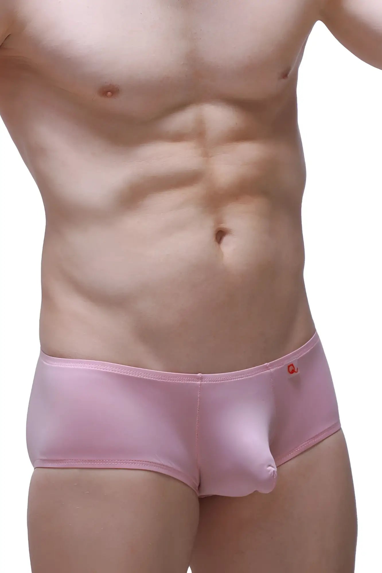 Pink satin boxer briefs in tea rose with a subtle red logo on the waistband
