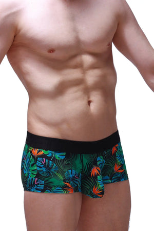 Boxer chill souarce tropical vibrant tropical leaf patterned boxer briefs with solid black waistband front view