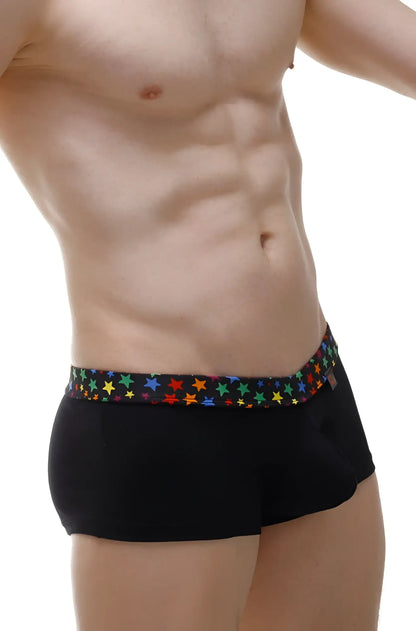Black boxer coudoux briefs with colorful rainbow star pattern on the waistband for comfortable everyday wear