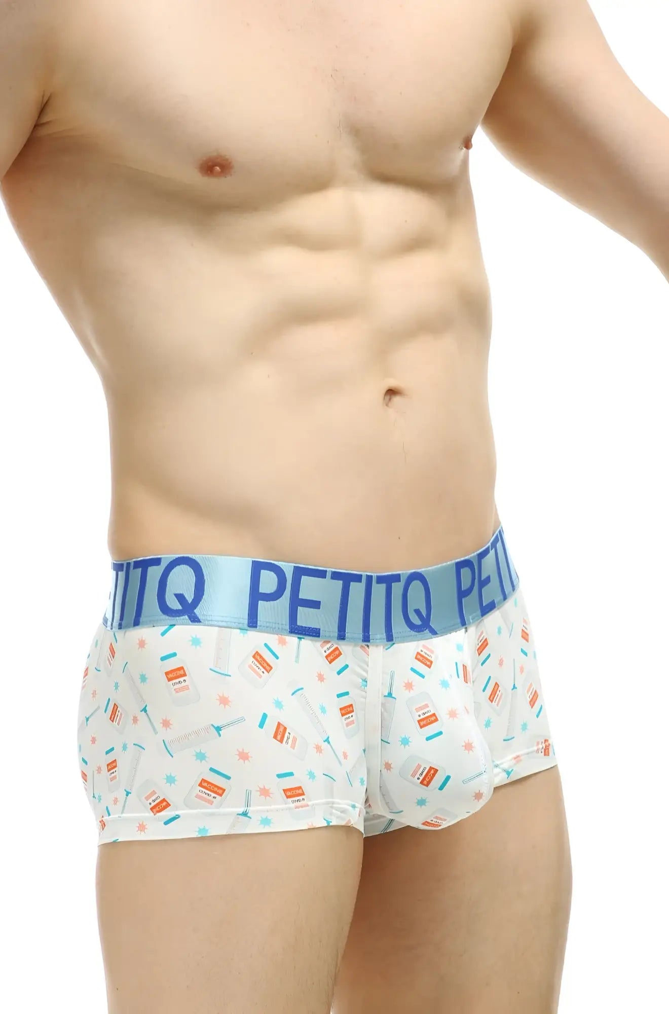 White men’s boxer briefs with orange and teal candy cane pattern and light blue petitq waistband in boxer covid vaccine product