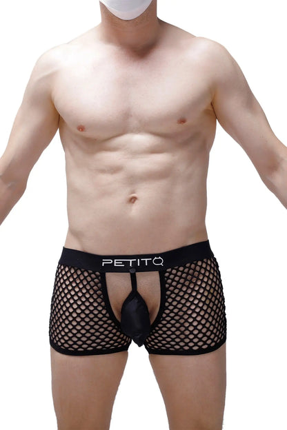 Black mesh boxer delle briefs with central pouch and petitô brand name on waistband