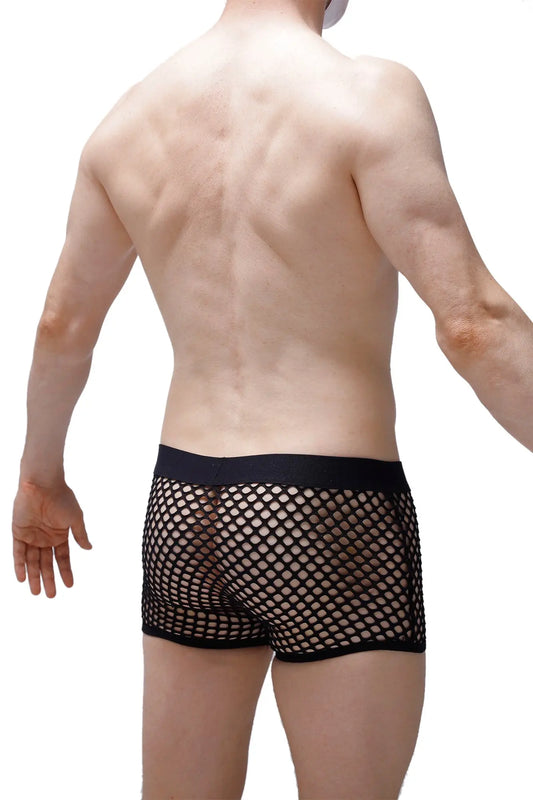 Black mesh boxer briefs with solid black waistband designed for breathable comfort and style