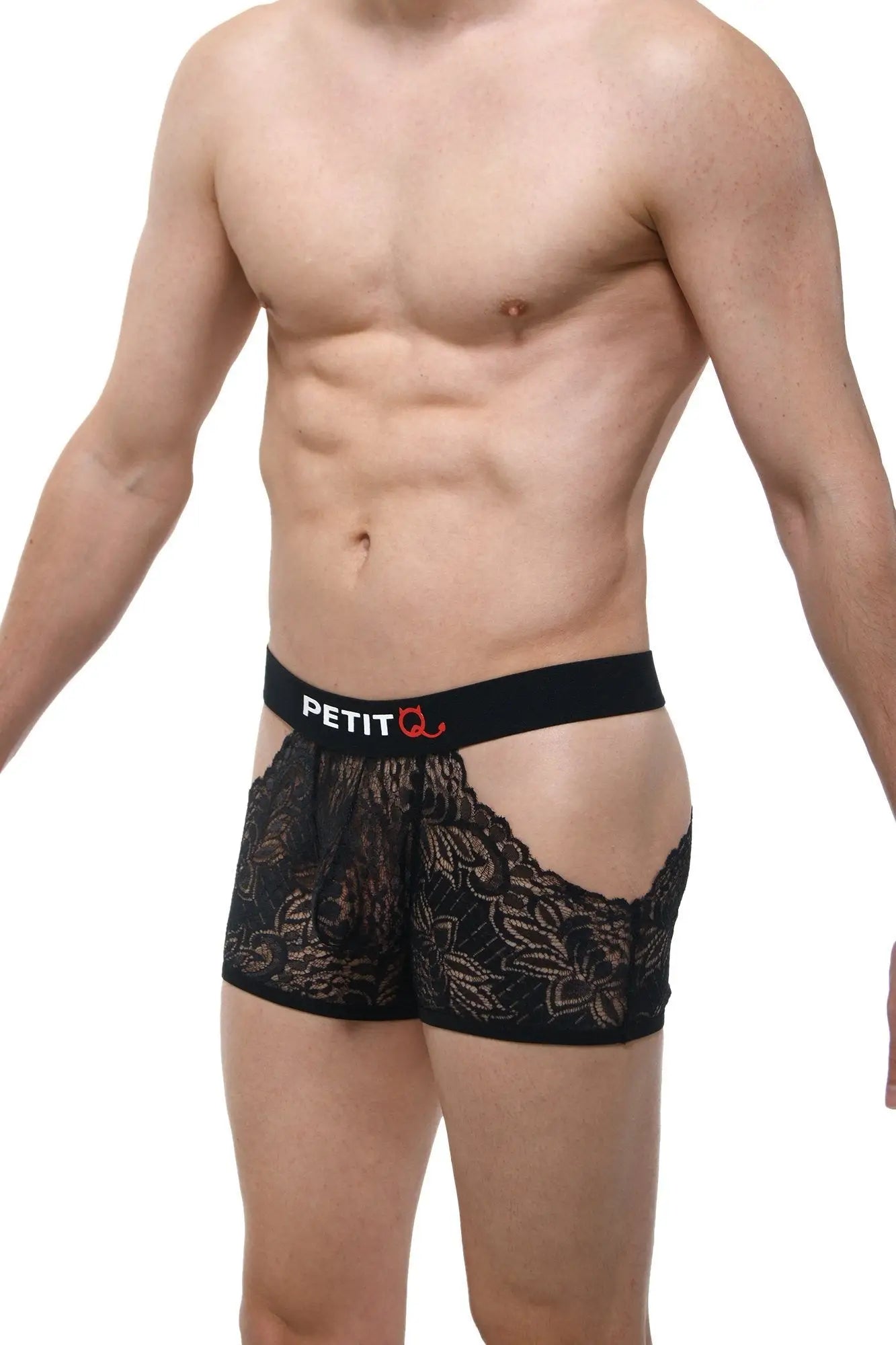 Black lace boxer briefs with floral pattern and black elastic waistband with petit q logo in white text