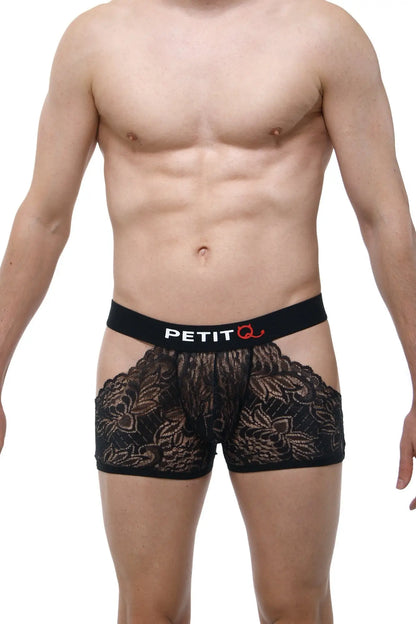 Black lace boxer briefs with floral pattern and black petitq elastic waistband in boxer dentelle trévoux black