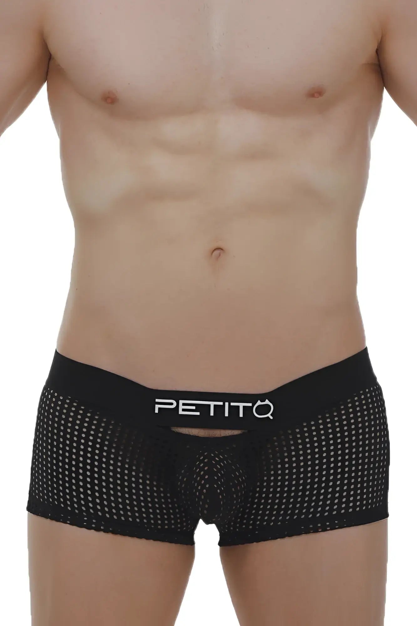 Black mesh boxer briefs dolmen durtol with white petitq logo on waistband for breathable comfort