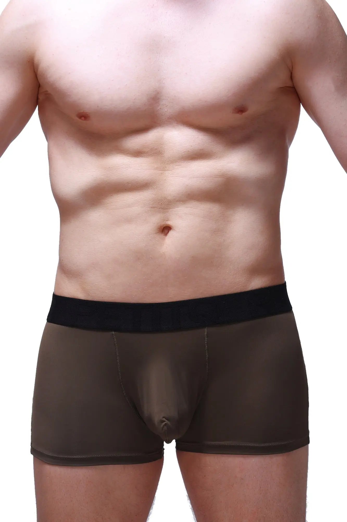 Black waistband men’s boxer briefs in dark olive green fabric with contoured design from boxer hang olive collection