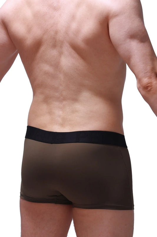 Black waistband men’s boxer briefs in dark brown smooth fabric shown from the back in a boxer hang olive style