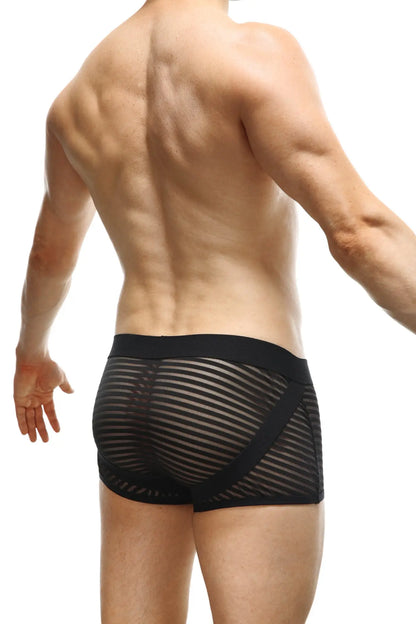 Black mesh boxer jock briefs with diagonal striped pattern and solid black waistband for comfortable wear