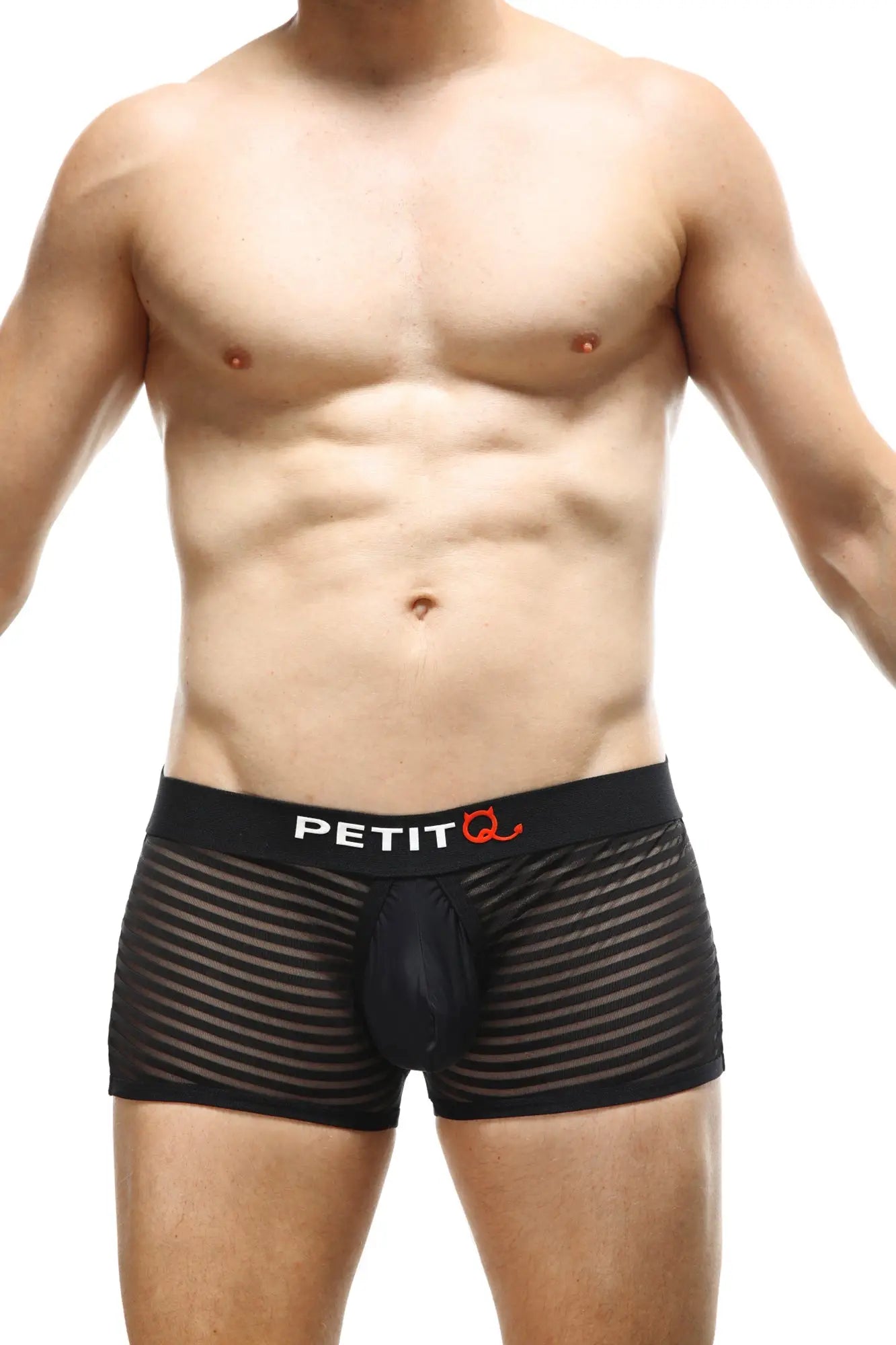 Black mesh boxer jock mesh bars with solid black pouch and petit q logo on waistband