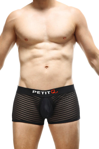 Black mesh boxer jock mesh bars with solid black pouch and petit q logo on waistband
