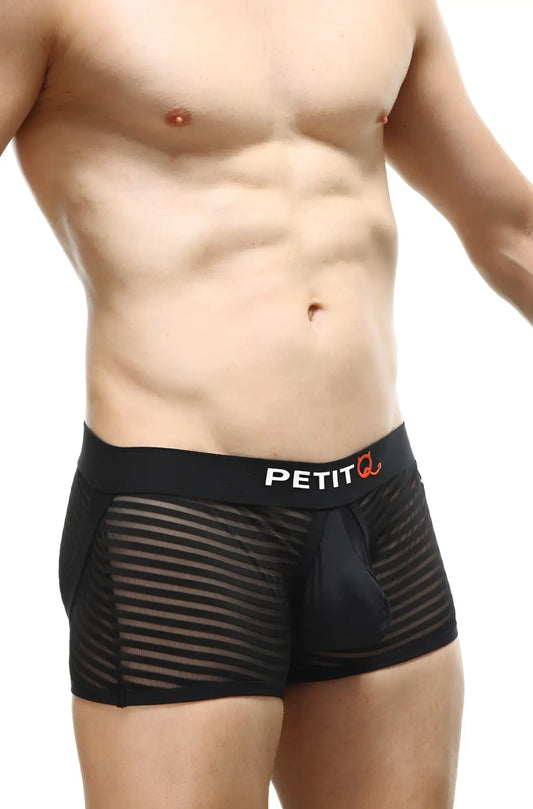 Black mesh boxer jock mesh bars briefs with solid black waistband and petit logo in white and orange