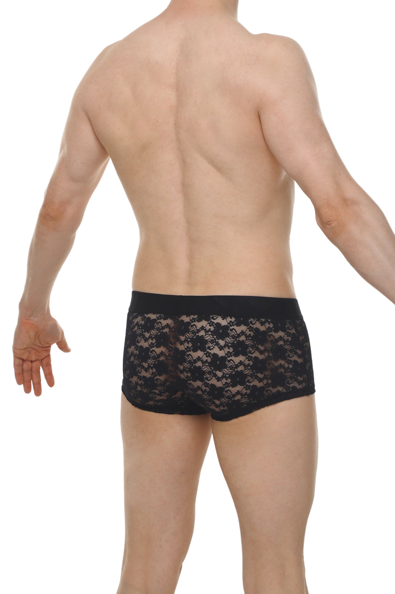 Black lace boxer brief with delicate floral pattern and solid black waistband from Boxer Montils Lace Black collection