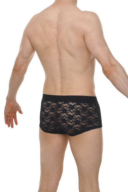 Black lace boxer brief with delicate floral pattern and solid black waistband from Boxer Montils Lace Black collection