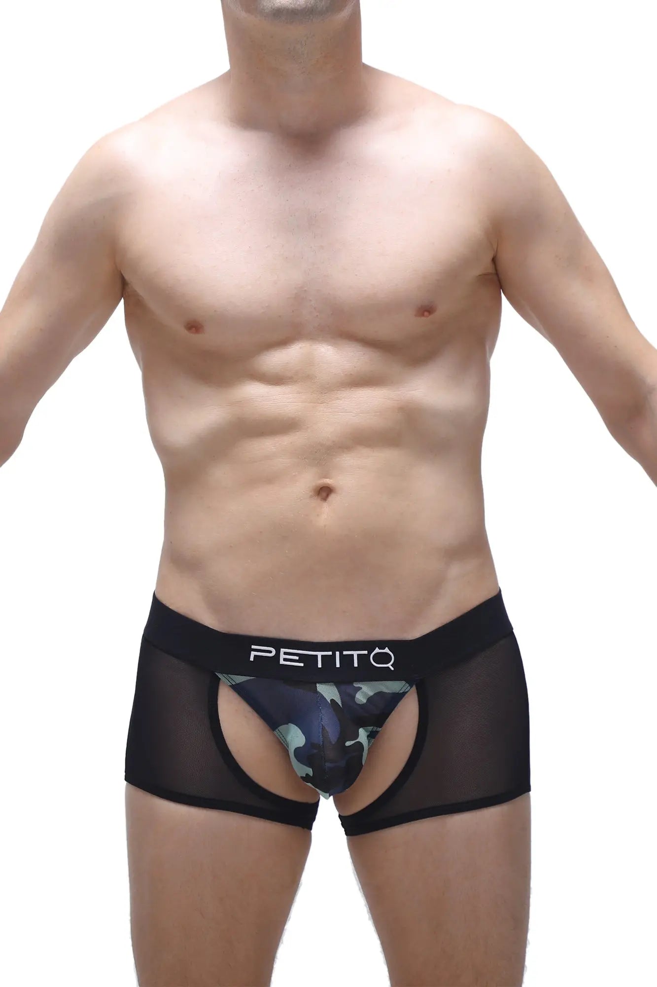Black mesh boxer briefs with camouflage pattern and petitq branded waistband boxer limay net camo product