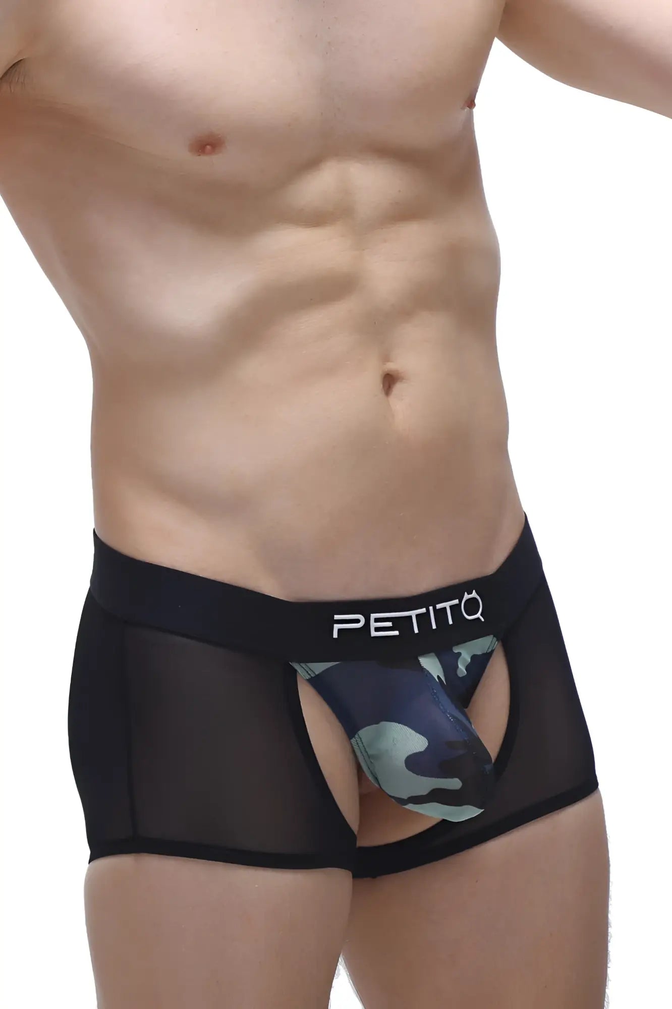 Black mesh boxer briefs with camouflage pouch and petitq waistband in boxer limay net camo style