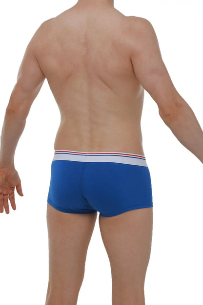 Blue men’s boxer briefs mano blanc-bleu with white waistband and thin red and blue stripes for comfortable wear