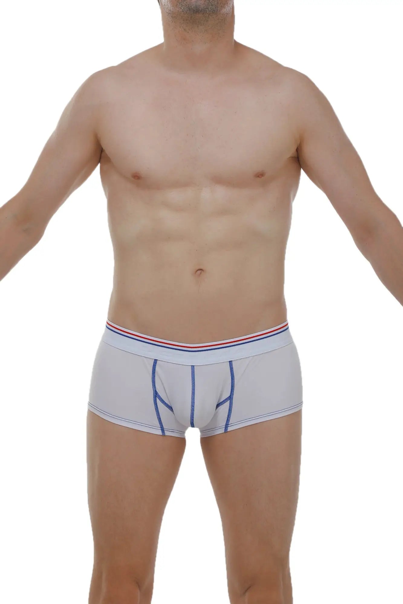 Light gray men’s Boxer Mano Modal briefs with blue stitching and a red white and blue striped waistband