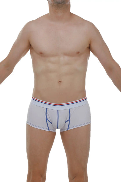 Light gray men’s Boxer Mano Modal briefs with blue stitching and a red white and blue striped waistband