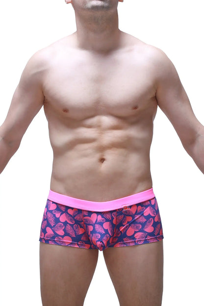 Men’s boxer briefs boxer meljac tropical hearts with vibrant pink and navy tropical leaf pattern and bright pink waistband