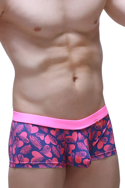 Boxer meljac tropical hearts swim trunks with pink and navy blue pattern and bright pink elastic waistband