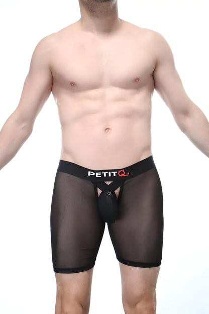 Black mesh boxer miniac briefs with black elastic waistband featuring petit logo and internal pouch design