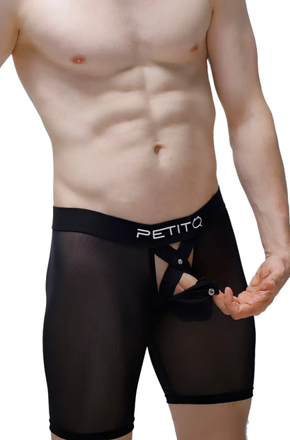 Boxer miniac black sheer mesh briefs with black elastic petitq logo waistband and adjustable front panel with silver buttons