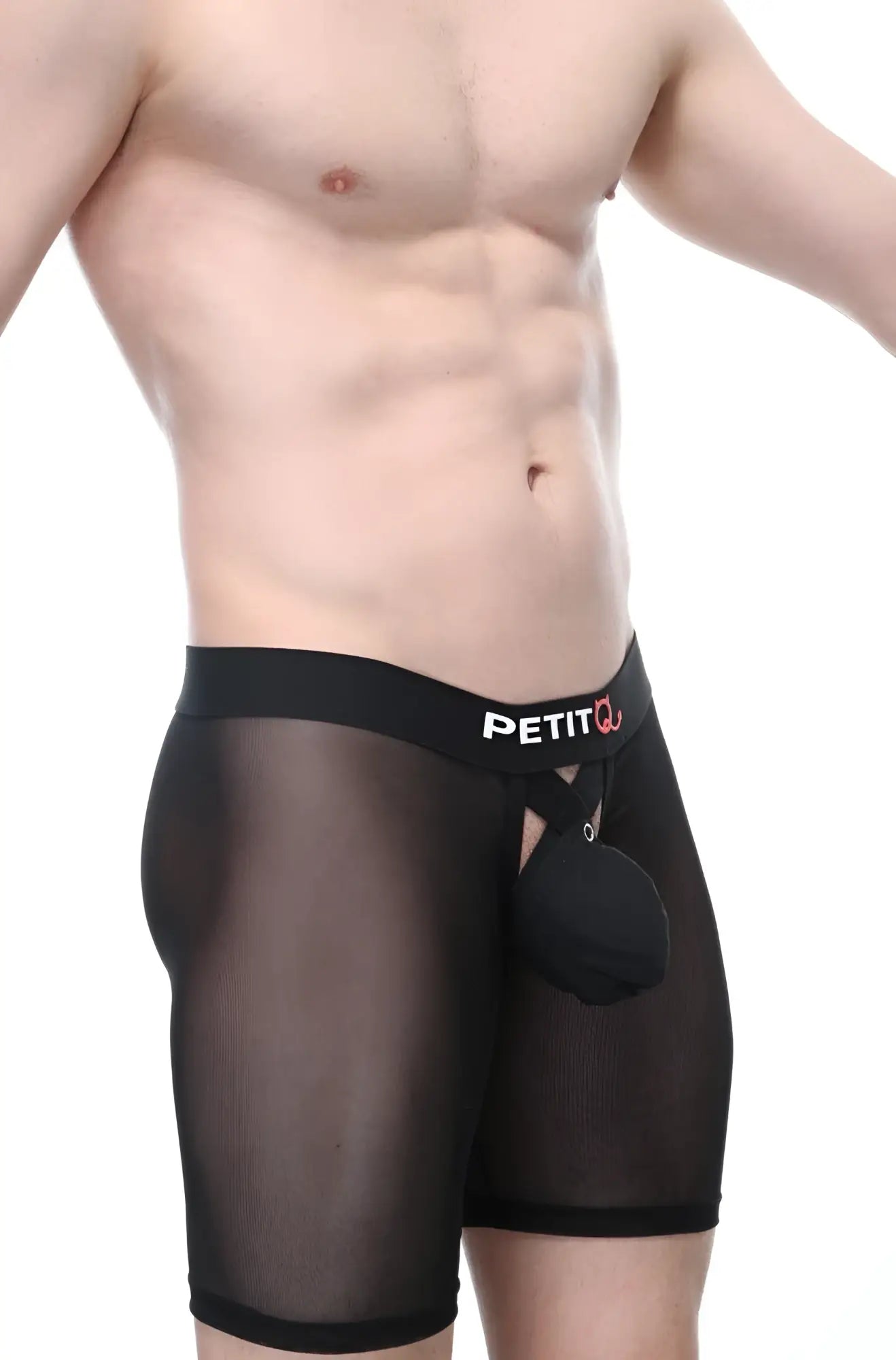 Boxer Miniac black sheer mesh briefs with black elastic petitq logo waistband and attached front pouch