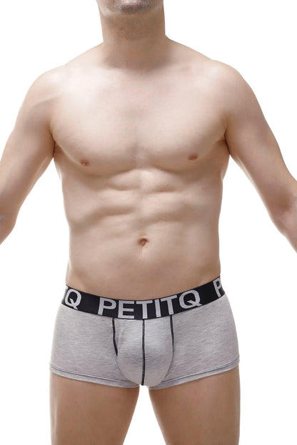 Gray boxer modal briefs with a black waistband featuring white lettering and a padded front panel