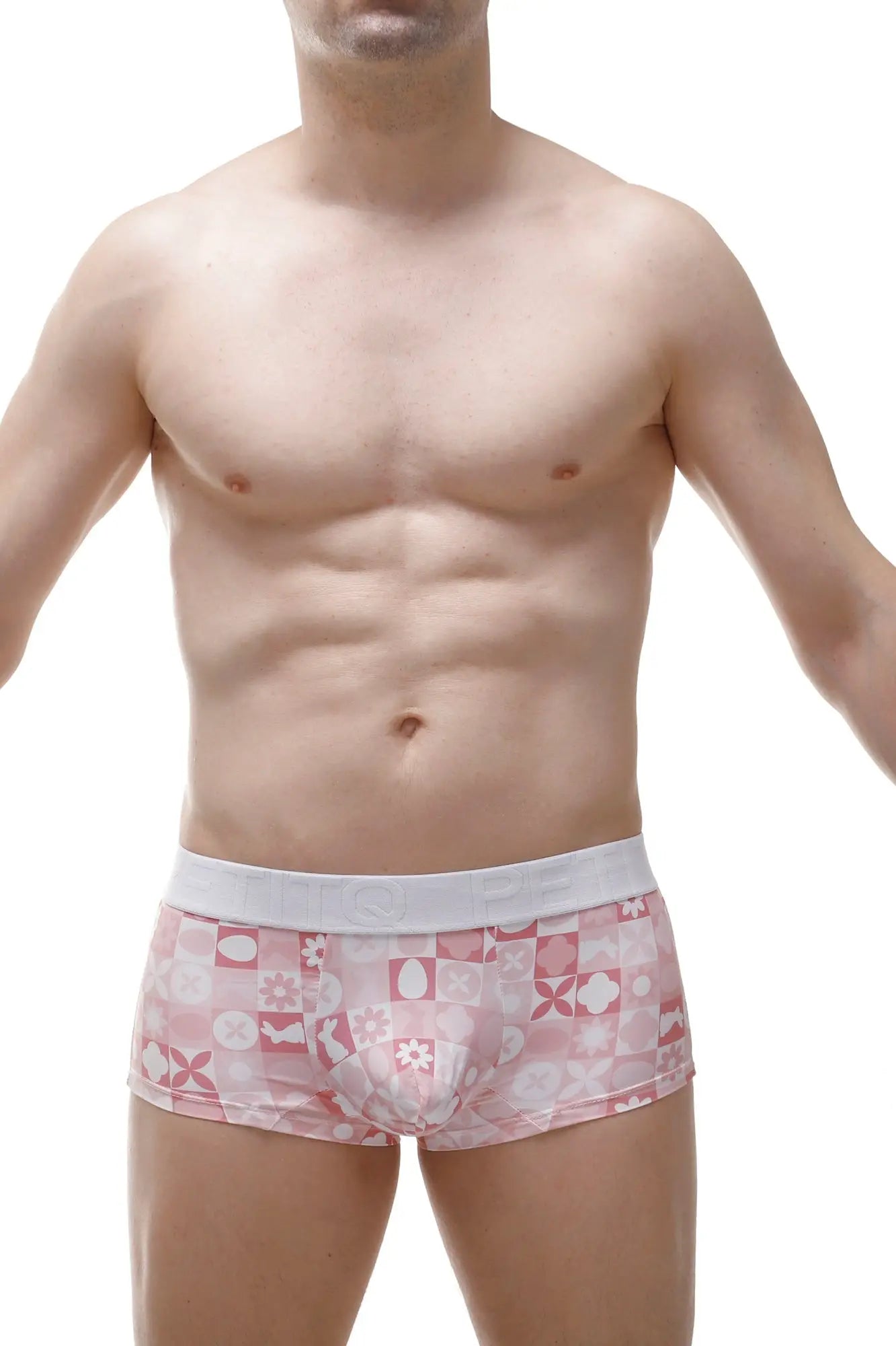 Pink patterned men’s boxer briefs with a white elastic waistband designed for comfortable everyday wear