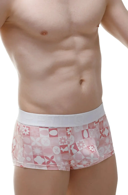 Pink patterned boxer briefs with white elastic waistband featuring molac pink bunny design for comfortable wear
