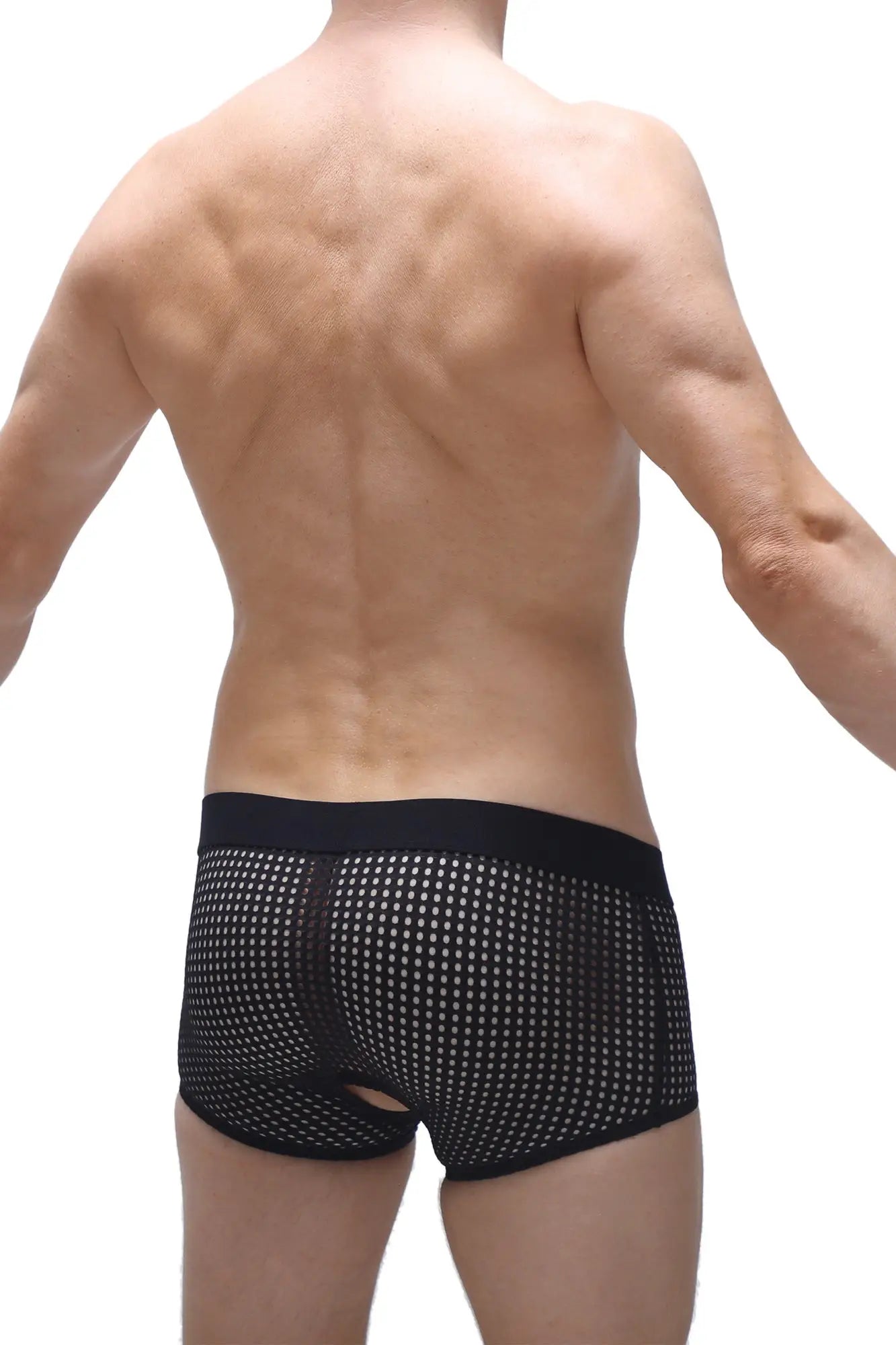 Black mesh boxer moras durtol briefs with solid black waistband and small back cutout showing backside view