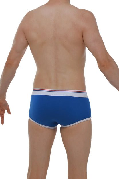 Blue men’s briefs boxer morrier with white and red striped trim designed for comfortable everyday wear