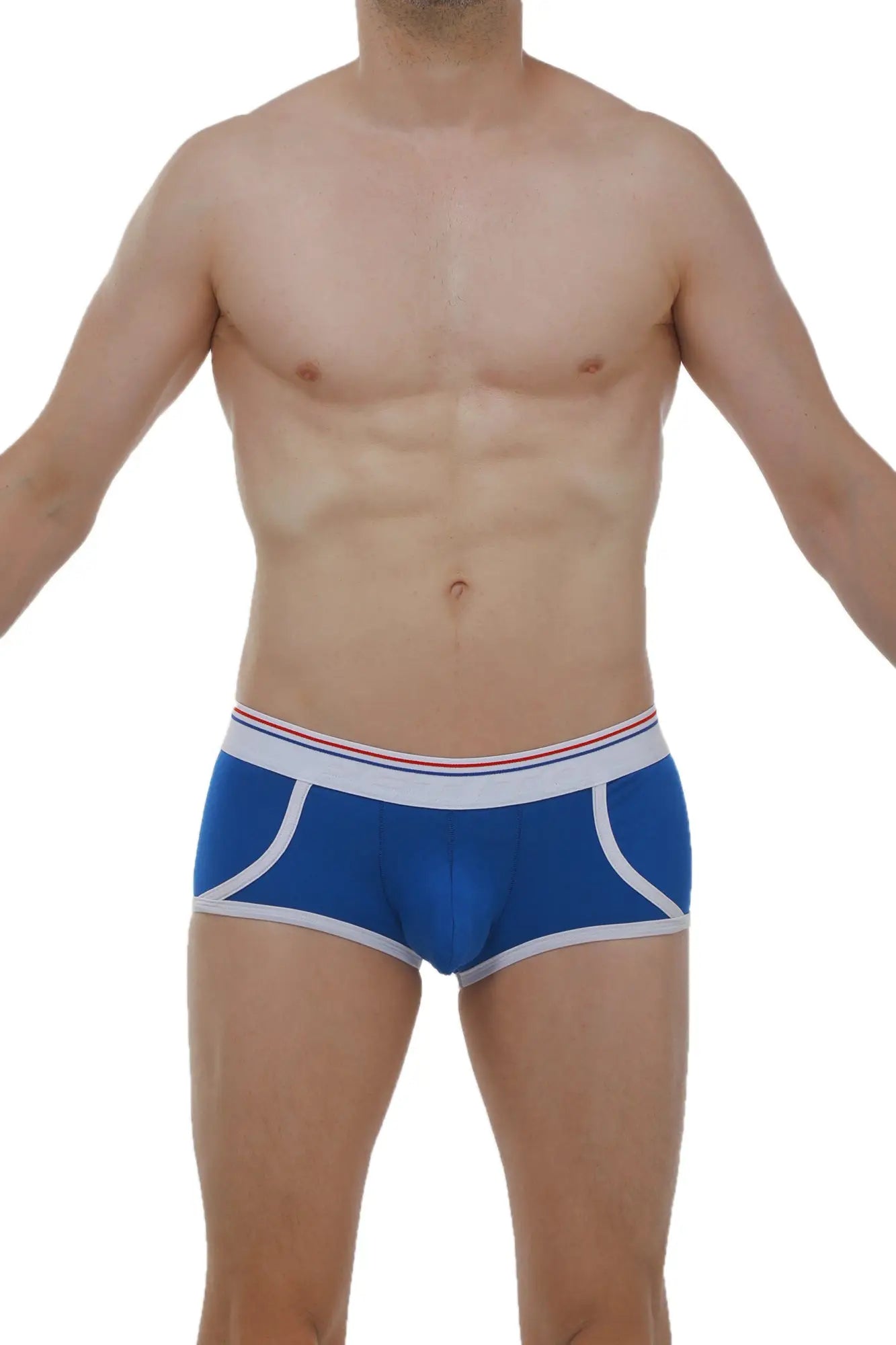 Blue men’s boxer briefs morrier with white trim and red stripe on waistband designed for comfort and support
