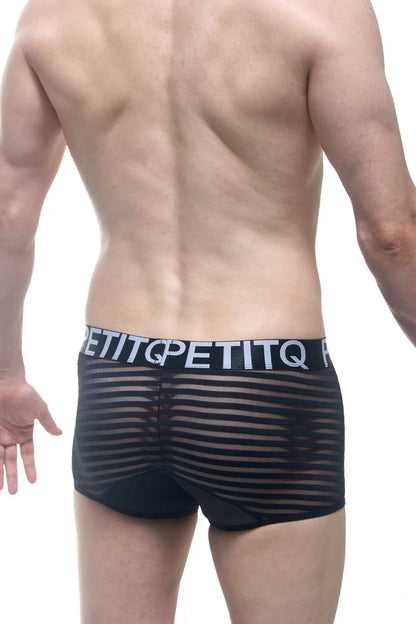 Boxer mosnay black sheer striped boxer briefs with black elastic waistband and white petitq logo
