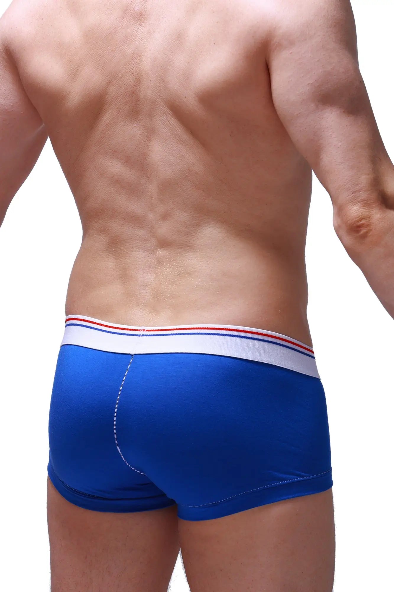 Blue men’s modal boxer briefs with white waistband accented by thin red and blue stripes in mouffy style