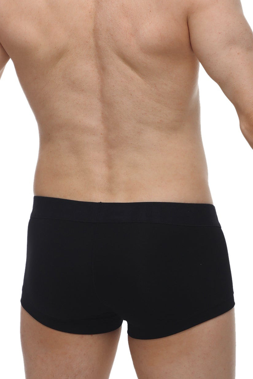 Black boxer mouffy modal briefs with smooth form-fitting fabric and simple elastic waistband