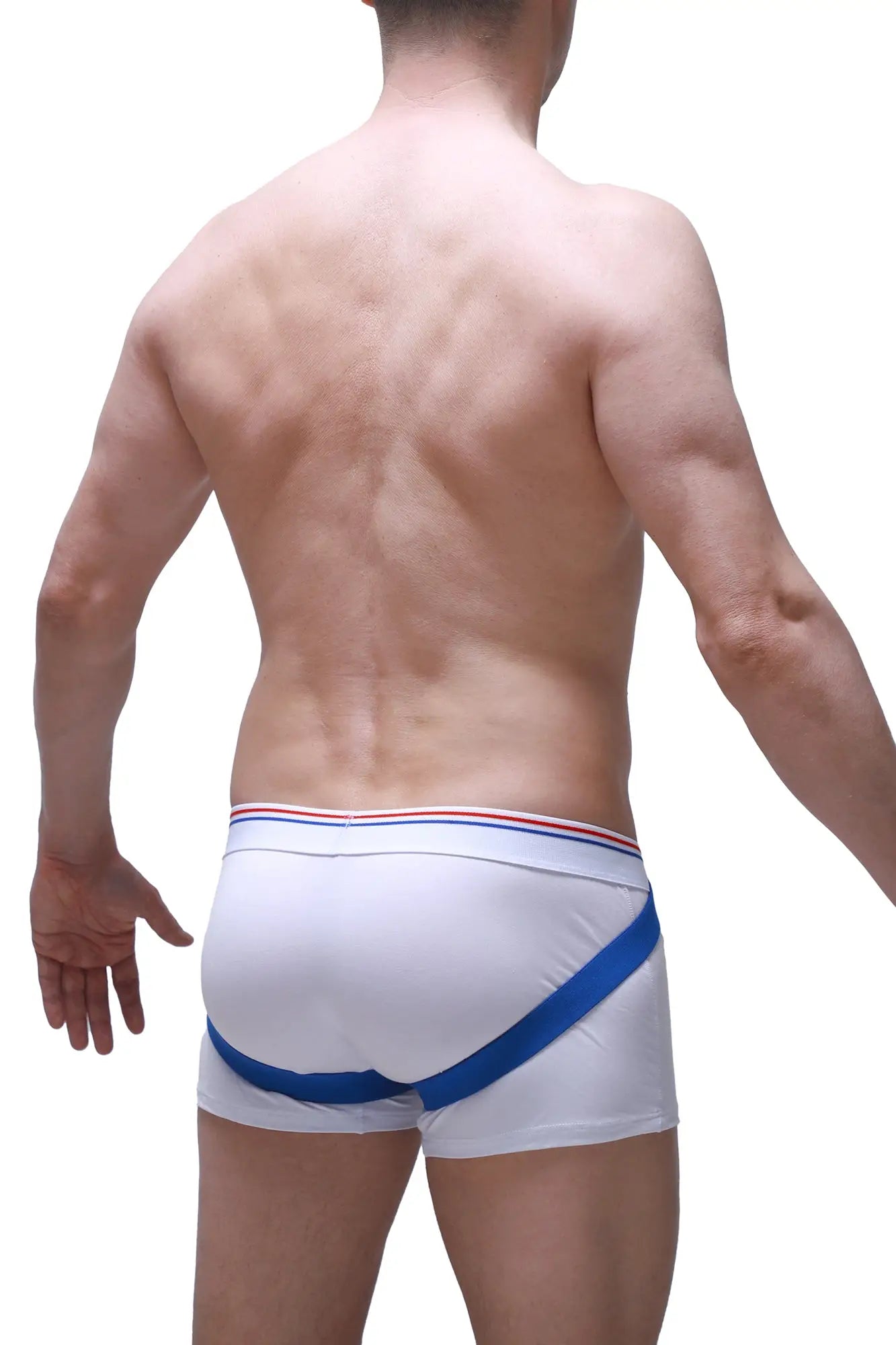 White athletic boxer briefs muraS with bold blue diagonal stripe and red white and blue waistband trim