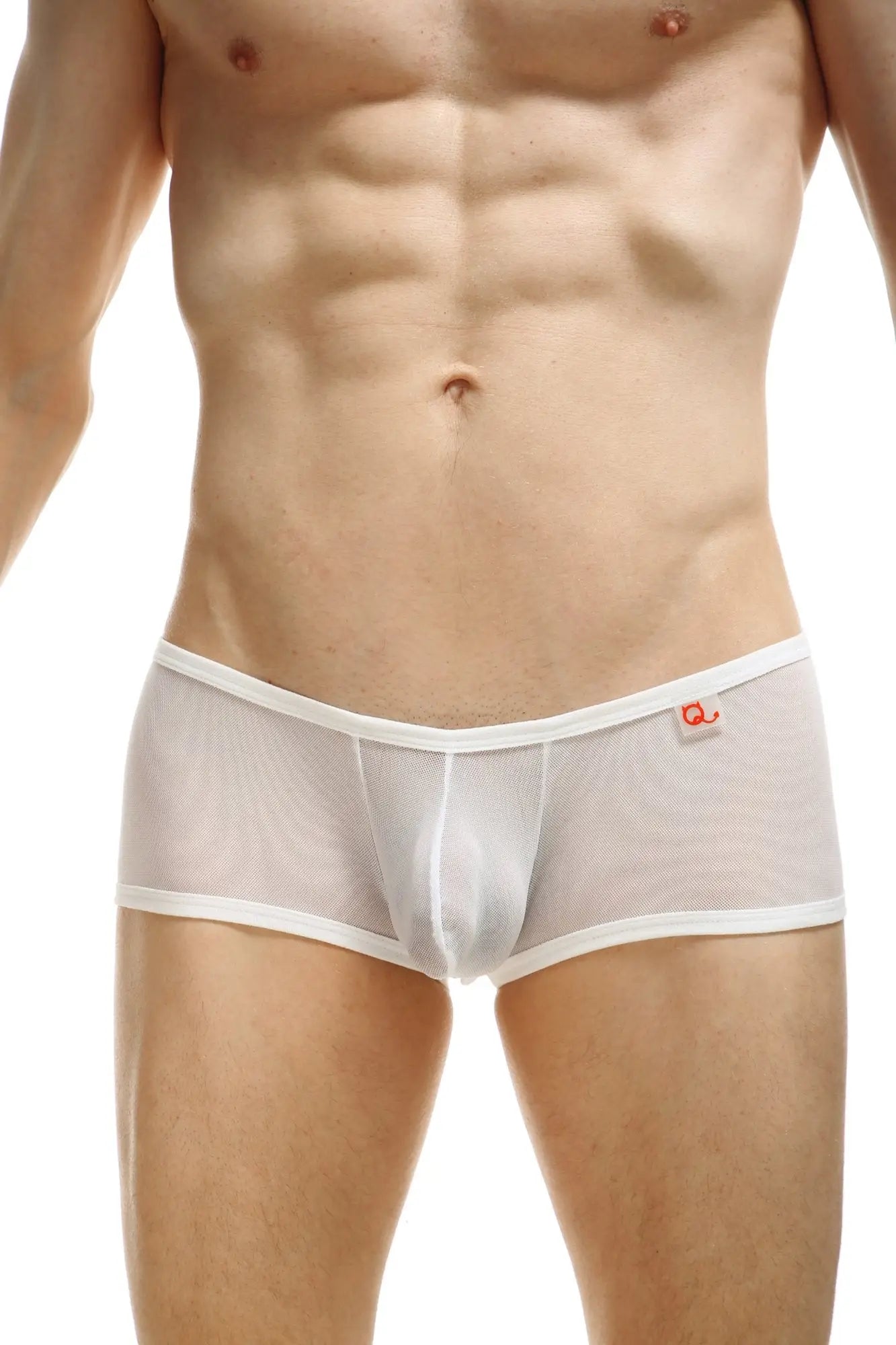White mesh boxer briefs with elastic waistband and orange logo on side in murol lace blanc design