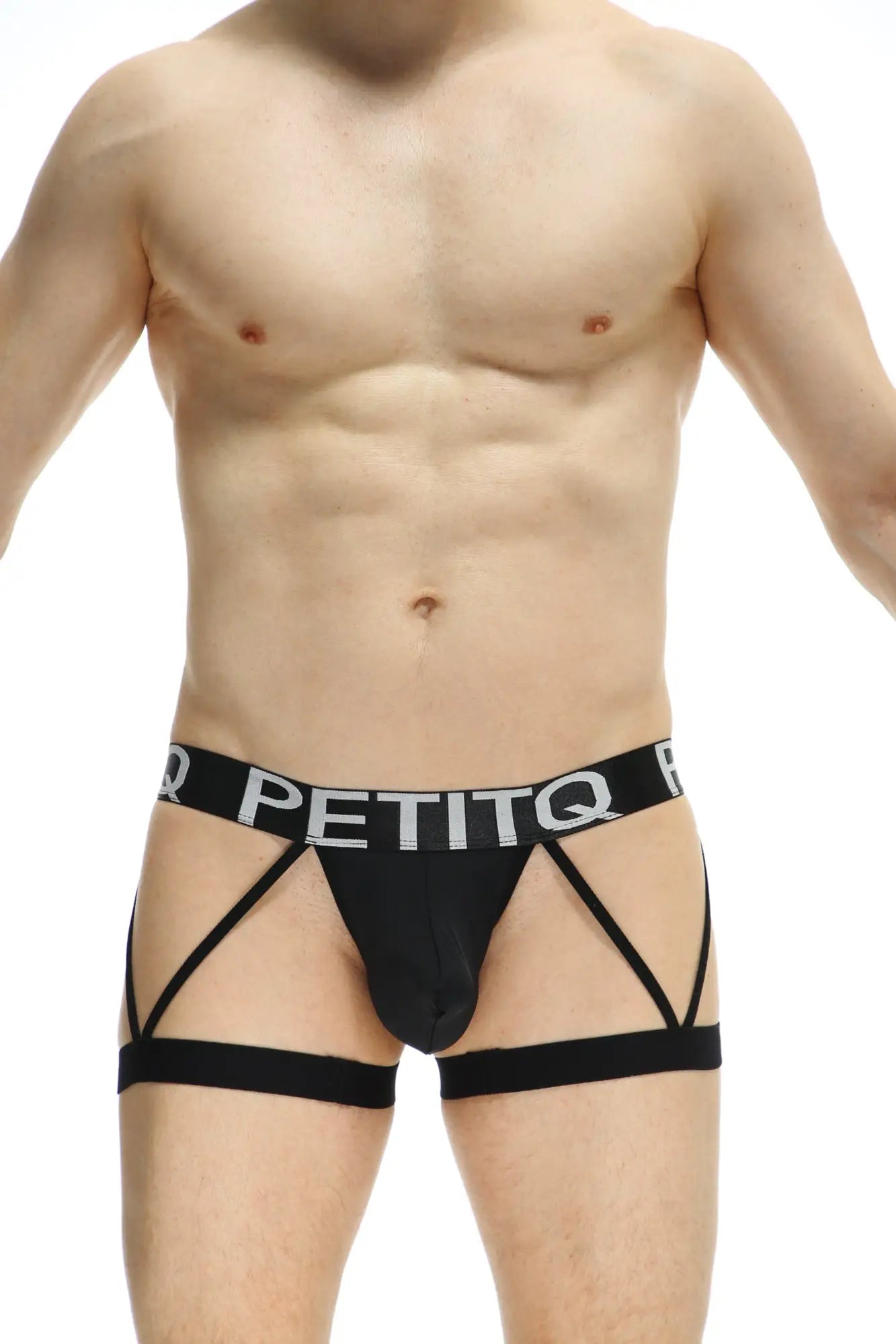 Black petitq boxer nanthiat men’s briefs with strappy crisscross design and white lettering on waistband