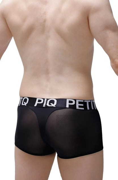 Black mesh boxer briefs with white piq petit waistband showing front design from boxer noth black collection
