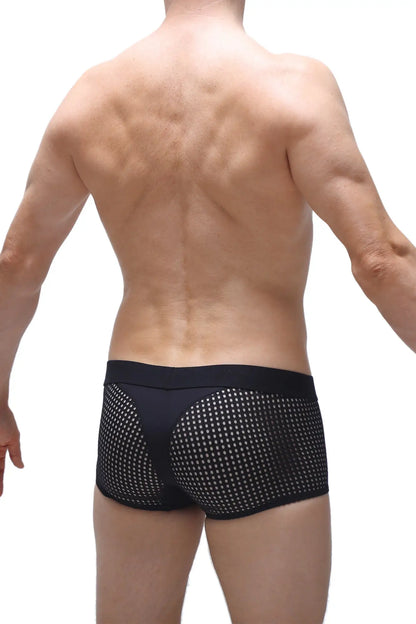 Black mesh briefs boxer noth durtol black with dotted pattern and solid waistband seen from the front