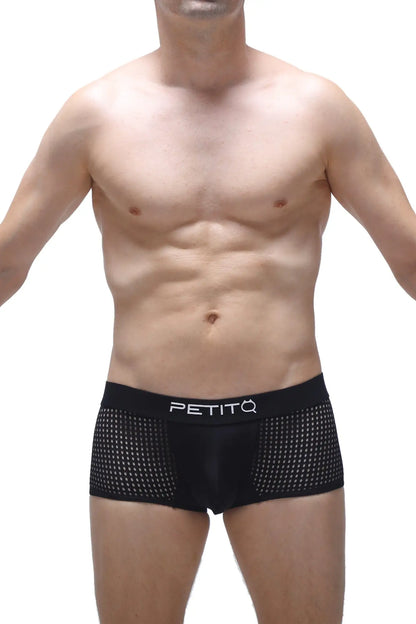 Black mesh boxer briefs with white petitq logo on waistband in noth durtol black color