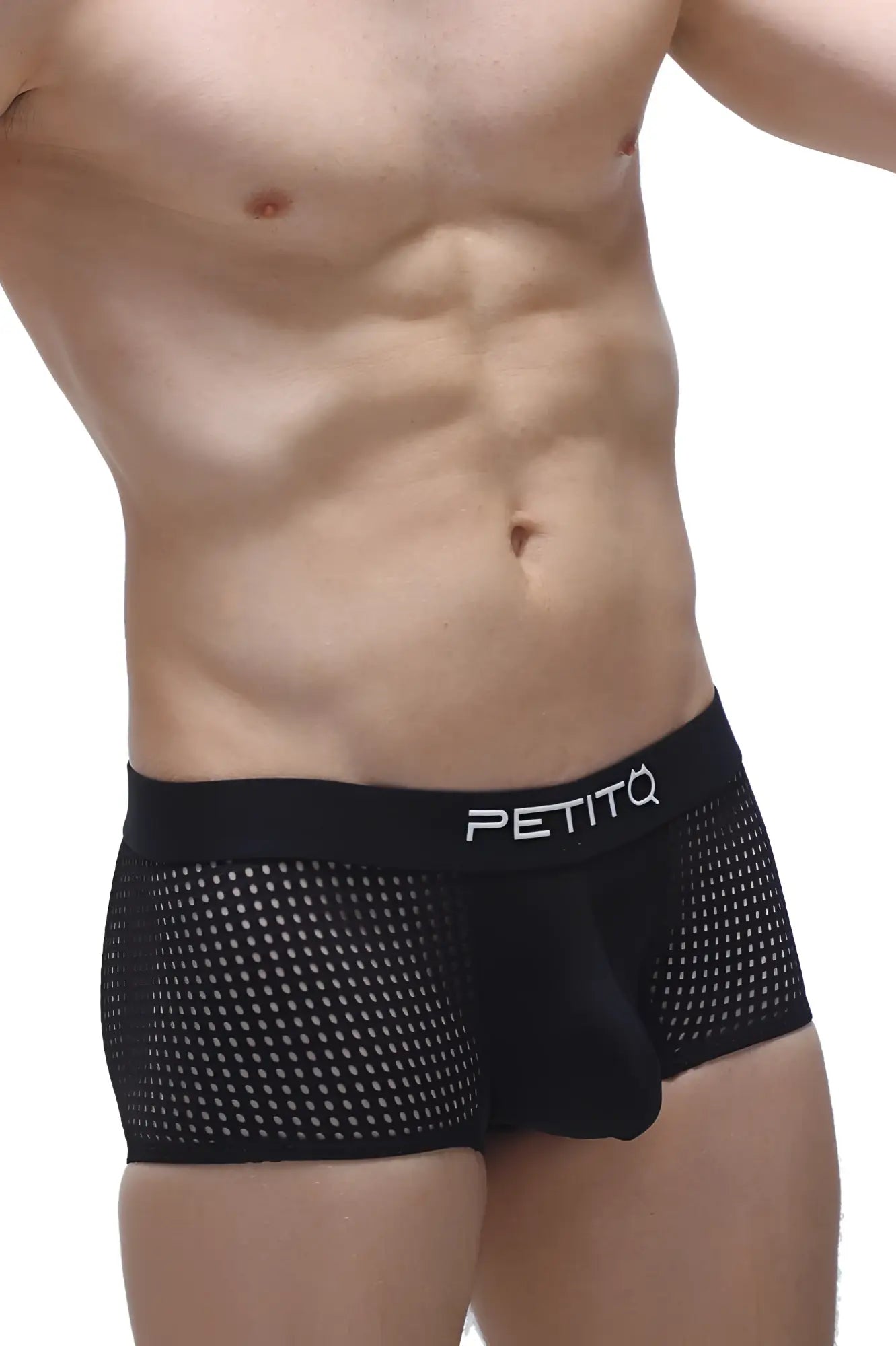 Black mesh boxer noth durtol briefs with white petitq logo on waistband made from breathable fabric