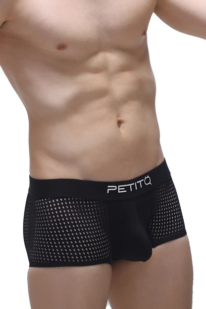 Black mesh boxer noth durtol briefs with white petitq logo on waistband made from breathable fabric