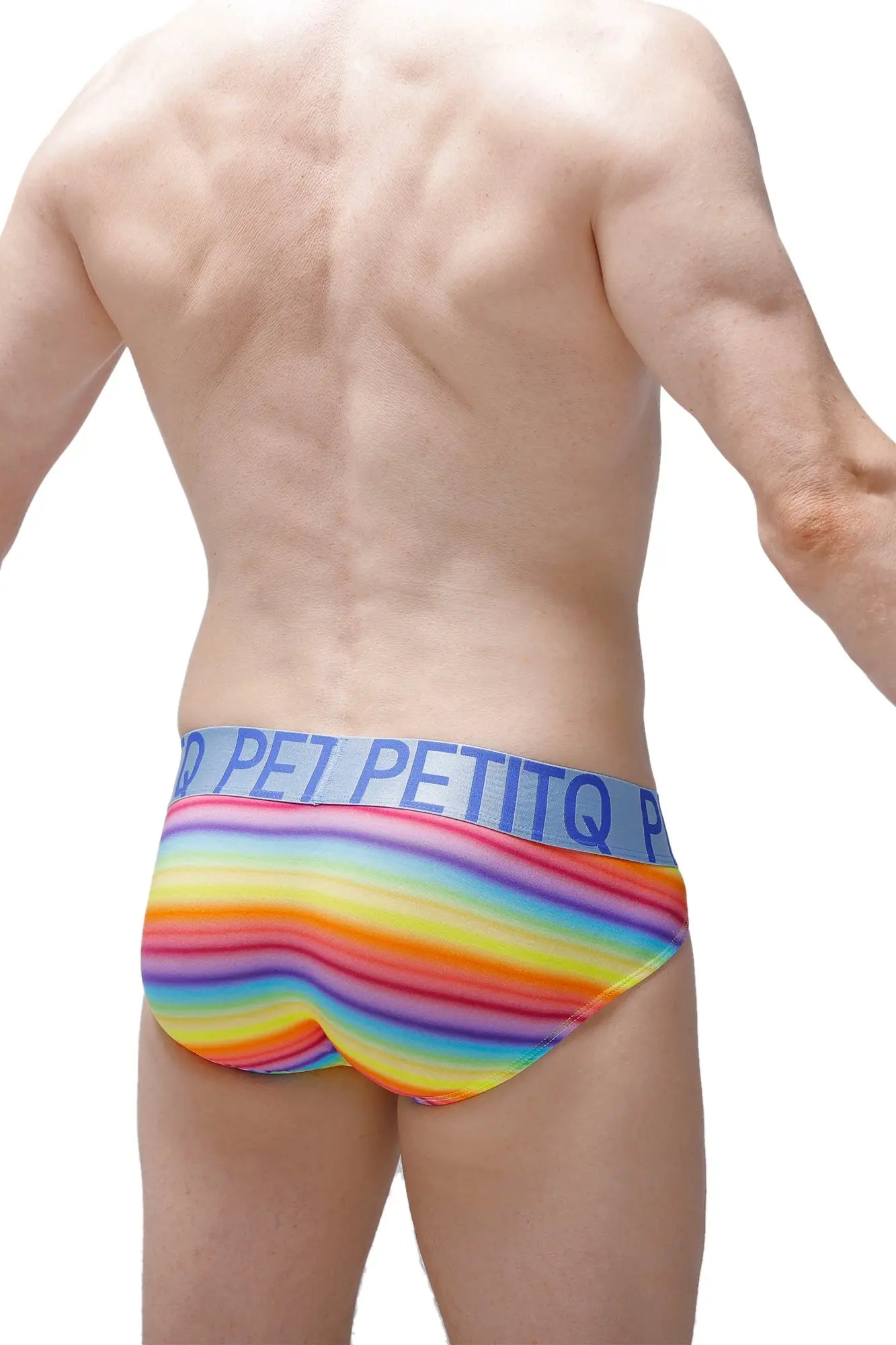 Boxer Nouans Andiol rainbow-striped men’s briefs with blue petitq waistband for comfortable everyday wear