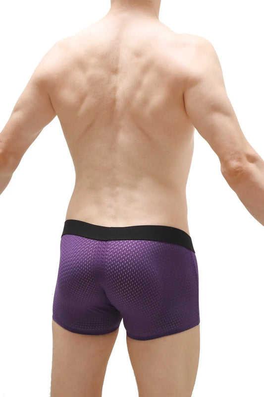 Purple mesh boxer briefs with black waistband from boxer olloix bee purple featuring breathable fabric design