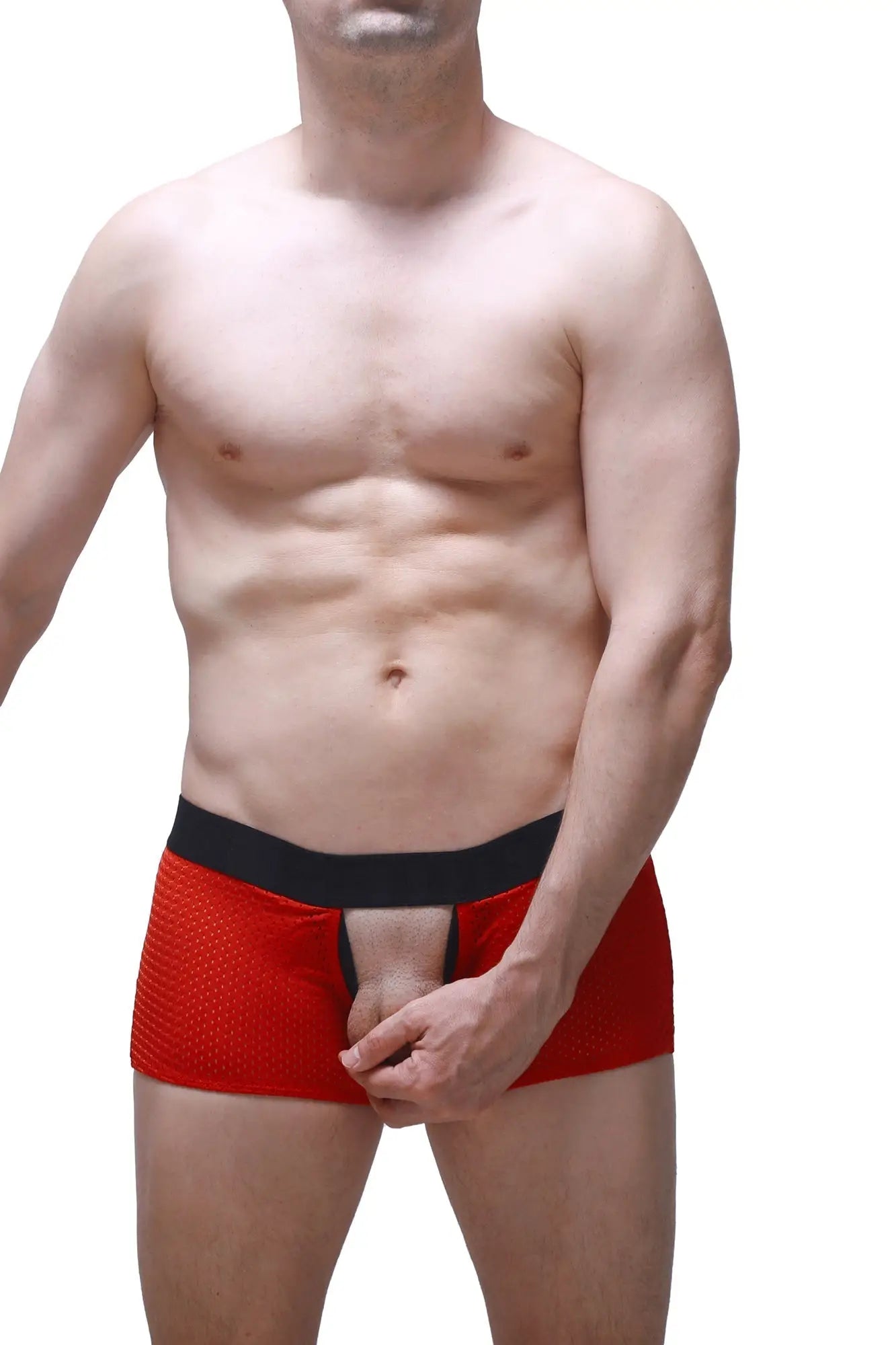 Red mesh boxer olloix bee red briefs with black elastic waistband designed for breathable comfort