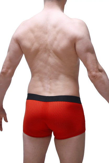 Red mesh boxer olloix bee red briefs with black elastic waistband for comfortable breathable wear
